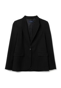Blazer nero in tessuto, presenta un rever a lancia, chiusura con un solo bottone, due tasche frontali e una fodera liscia.
