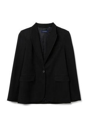 Blazer nero in tessuto, presenta un rever a lancia, chiusura con un solo bottone, due tasche frontali e una fodera liscia.