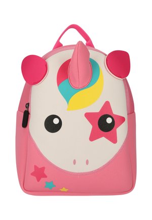 Roze kinder rugzak met eenhoorn-thema, kleurrijke manen, sterdetail op één oog, oren, hoorn en zijvak met ritssluiting.