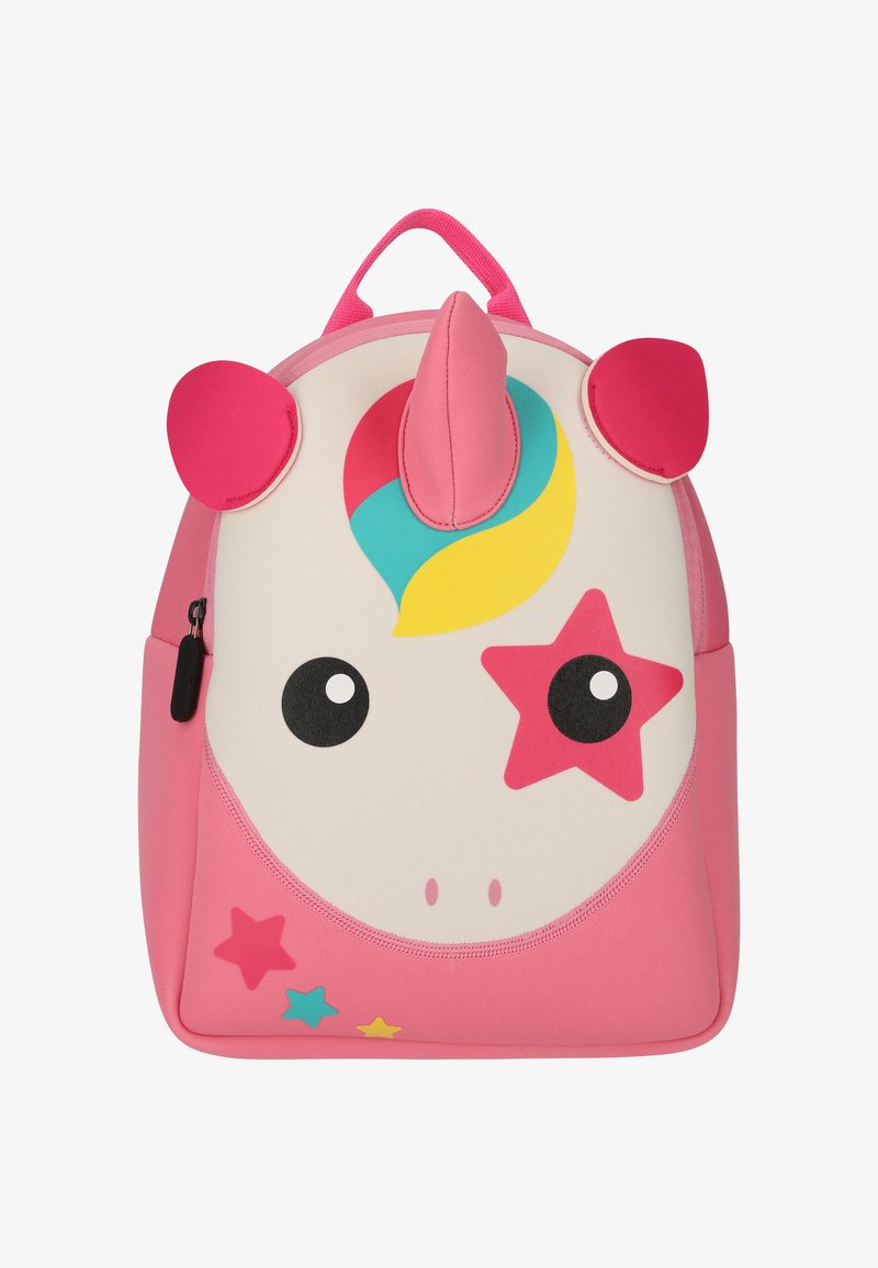 Rosa Rucksack für Kinder im Einhorn-Design mit bunter Mähne, Sternmotiv auf einem Auge, Ohren, Horn und seitlicher Reißverschlusstasche.