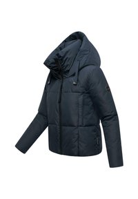 Dark blue puffer jacket with a high collar and adjustable hood, featuring a front zipper and quilted pattern on the body.