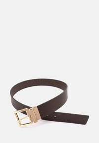 Brown leather belt with a gold-tone buckle, featuring a textured inner lining and a sleek design. Adjustable length with multiple holes.