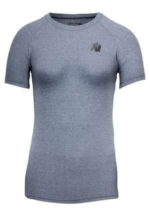 Korte mouwen, getailleerd sportshirt in een gemêleerd blauwe stof met een zachte textuur, met een klein gorilla-logo op de bovenste linkerzijde.