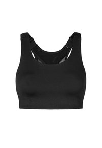 Reggiseno sportivo nero realizzato in tessuto liscio ed elastico. Presenta spalline larghe con clip regolabili e un design della schiena in rete traspirante.