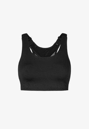 Schwarzer Sport-BH aus glattem, elastischem Stoff. Mit breiten Trägern und verstellbaren Clips sowie einem atmungsaktiven Mesh-Rücken-Design.