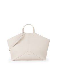 Borsa tote in pelle beige con una forma strutturata, manici superiori doppi e una tracolla rimovibile. Presenta una finitura testurizzata e accenti geometrici.