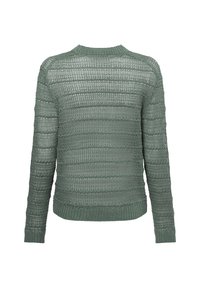 Hellgrüner Strickpullover mit strukturiertem, gestreiftem Design. Hat einen Rundhalsausschnitt und lange Ärmel, hergestellt aus einem atmungsaktiven Garn.