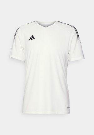 White short-sleeve jersey with a V-neck. Features black three-stripe accents on shoulders and a small black logo on the chest. Lightweight fabric.