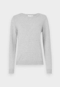 Ljusgrå tröja med långa ärmar, rund halsringning och ribbad nederkant och ärmslut. Tillverkad av mjukt material med en slät textur.