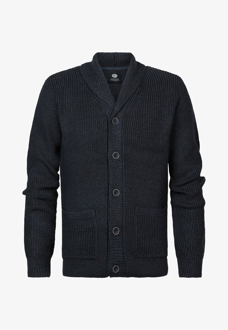Mörkblå stickad cardigan med sjalkrage, ribbat mönster, femknäppning, två framfickor och enfärgad design.