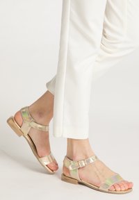Holografische enkelband sandalen met een platte houten hak. Voorzien van een brede teband en een gestructureerde afwerking. Kleur verandert bij belichting.