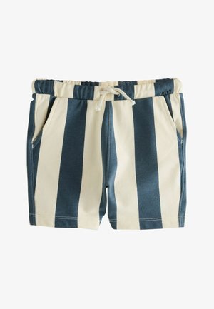 Kék-fehér, függőlegesen csíkozott, rugalmas szárú rövidnadrág húzózsinórral és oldalzsebekkel.