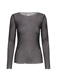 Top nero a maniche lunghe realizzato in un tessuto trasparente e strutturato con piccoli pois. Presenta un colletto rotondo e un orlo scallop.