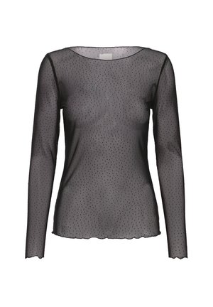 Zwarte, langmouwige top gemaakt van transparante, gestructureerde stof met kleine stippen. Heeft een ronde halslijn en een gegolfde zoom.
