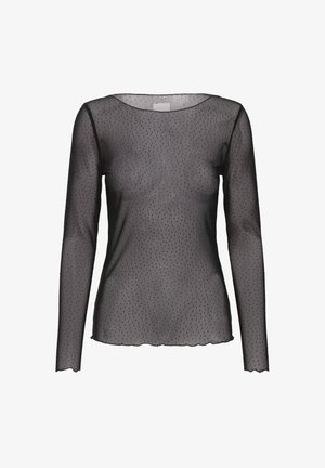 Zwarte, langmouwige top gemaakt van transparante, gestructureerde stof met kleine stippen. Heeft een ronde halslijn en een gegolfde zoom.