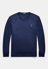 Tmavomodré tričko s dlhým rukávom a okrúhlym výstrihom s vyšívaným logom Polo Ralph Lauren na ľavej strane hrudníka.