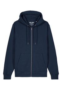 Temno moder zip-up hoodie, izdelan iz mehkega materiala, z veliko kapuco, sprednjimi žepi in vrvicami za prilagoditev. Preprost in praktičen dizajn.