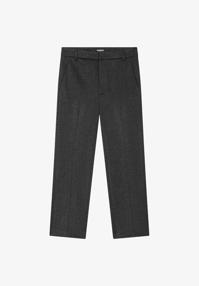 Grijze op maat gemaakte broeken met een recht gesneden pijp, gemaakt van een gestructureerde stof, met een platte voorkant, riemlussen en zijzakken.