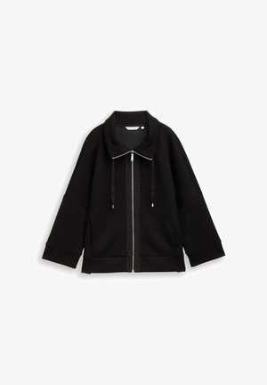 Schwarze Reißverschlussjacke aus weichem Stoff, mit weitem Kragen, lockeren Ärmeln und einer entspannten Silhouette mit Kordelzug-Details.