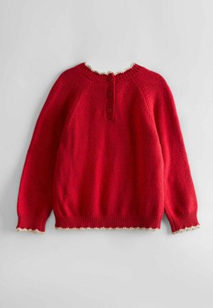 Roter gestrickter Pullover mit Rundhalsausschnitt, drei-Knopf-Leiste und gewellten Kanten an Saum und Ärmeln.