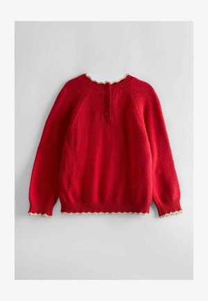 Sarkana adīta džemperis ar apaļu kakla izgriezumu, trīs pogu aizdari un viļņotas malas piedurknēs un apakšmalā.