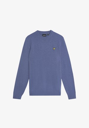 Lila Rundhalsausschnittpullover aus weichem Material, mit einem kleinen, gestickten gelben Vogel-Logo auf der linken Brust, langen Ärmeln.