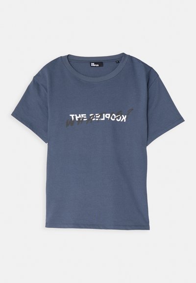 Short-sleeve blue cotton t-shirt with a round neckline, featuring white and black text graphic across the front in a casual style.