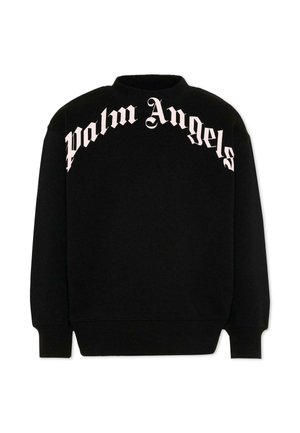Czarna bluza z długimi rękawami, z napisem "Palm Angels" w dużej, białej gotyckiej czcionce na piersi.