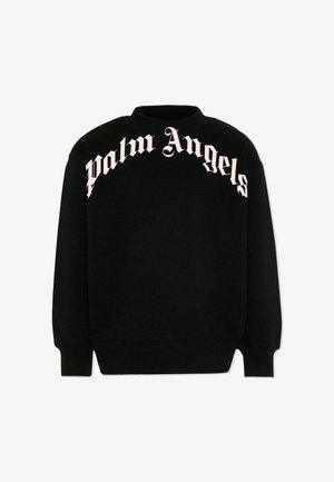 Felpa nera con maniche lunghe e la scritta "Palm Angels" stampata in grandi caratteri gotici bianchi sul petto.