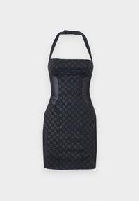 O rochie tip halter, mulată, de un albastru marin închis, cu un model texturat, corset structurat și panouri laterale elegante; țesătură cu finisaj neted.