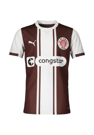 FC St. Pauli Fußballtrikot mit braunen und weißen vertikalen Streifen, Puma-Logo und Congstar-Sponsor auf der Vorderseite.
