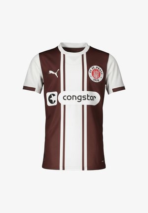 FC St. Pauli Fußballtrikot mit braunen und weißen vertikalen Streifen, Puma-Logo und Congstar-Sponsor auf der Vorderseite.