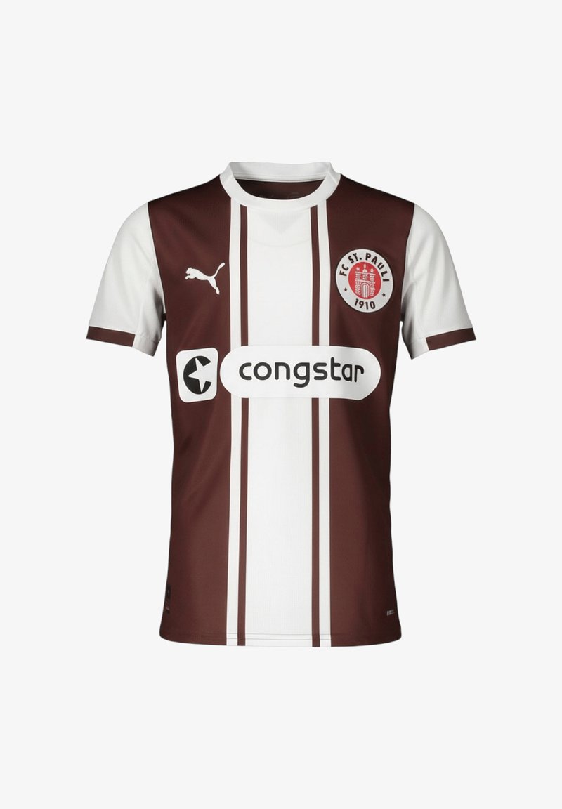 Maillot de football du FC St. Pauli avec des rayures verticales marron et blanches, logo Puma et sponsor Congstar à l'avant.
