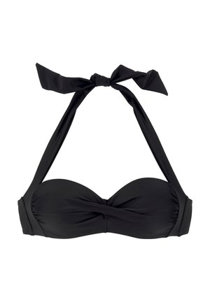 Black halter bikini top with tied straps and twisted fabric detail at the center front.
