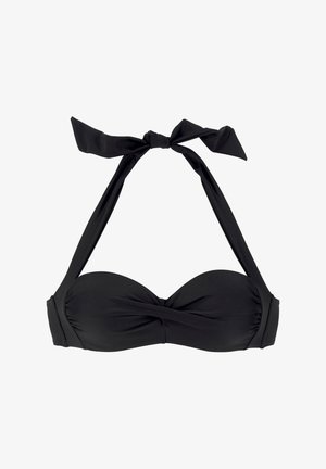 Black halter bikini top with tied straps and twisted fabric detail at the center front.
