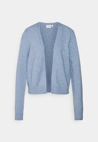 Světle modrý pletený cardigan s otevřeným předním dílem, dlouhými rukávy a žebrovanými manžetami a lemem. Měkká textura, lehký design vhodný pro vrstvení.