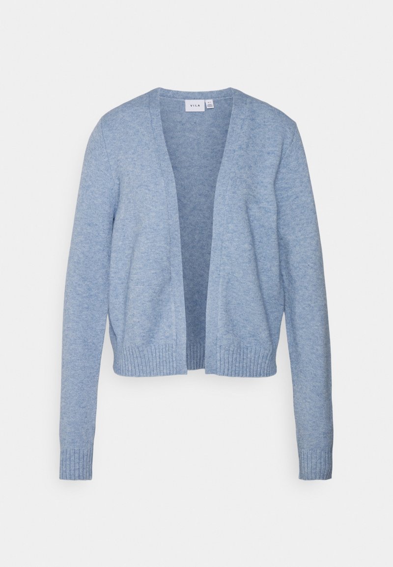 Světle modrý pletený cardigan s otevřeným předním dílem, dlouhými rukávy a žebrovanými manžetami a lemem. Měkká textura, lehký design vhodný pro vrstvení.