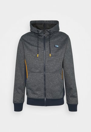 Dunkelgrauer Reißverschluss-Hoodie mit Fronttaschen, Kapuze mit Zugband und gelben Spitzen sowie kleinem blauen Logo auf der linken Brust.