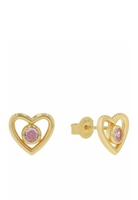 Orecchini a forma di cuore in tonalità oro con un design aperto e una pietra preziosa centrale di colore rosa. Finitura liscia con una texture lucida.