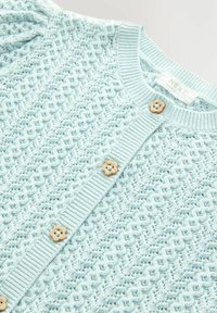 Helles blaues Strickjacke aus strukturiertem Strickstoff, mit einem Rautenmuster, rundem Halsausschnitt und dekorativen Holzblumenknöpfen.