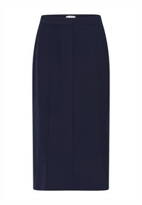 Marineblaue gerade Midi-Rock aus glattem Stoff mit einem schlichten Bund und ohne Taschen, der subtile Vorderfalten für Struktur aufweist.