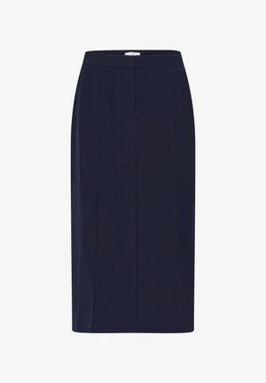 Tamsiai mėlyna tiesi midi sijonas, pagamintas iš lygaus audinio, su švaria juosmenine juosta ir be kišenių, su subtiliais priekiniais raukšlėmis struktūrai.