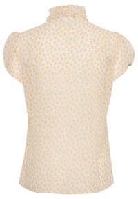 Korte mouwen blouse in lichtgeel met een gerimpelde kraag en een hartvormig patroon in een iets donkerdere gele tint. Glad materiaal.