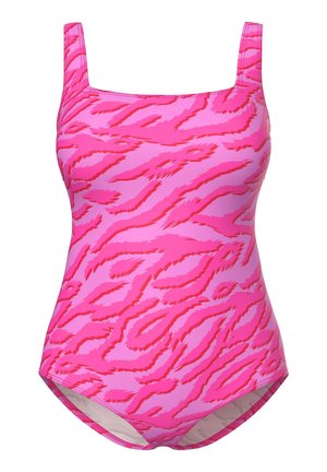 Pink badedragt med abstrakte røde bølgemønstre og brede skulderstropper, frontudsigt på hvid baggrund.