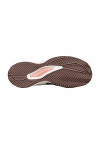 Suela de zapatilla de goma con un patrón de banda de pescado en marrón y un acento rosa en el centro, diseñada para superficies que no dejan marcas.