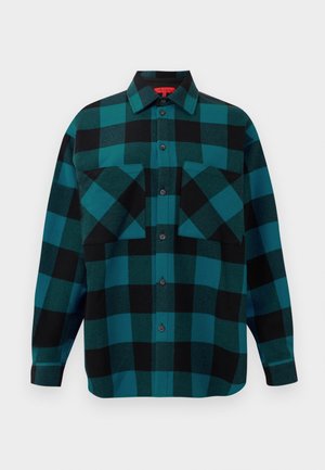 Chemise en flanelle à carreaux turquoise et noir, dotée d'un avant boutonné, de deux poches poitrine et d'un col classique avec une coupe décontractée.