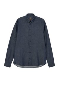 Mørkeblå langærmet skjorte lavet af et tekstureret stof, med knaplukning foran, klassisk krave og buet kant.