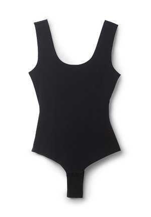 Zwarte bodysuit met brede schouderbanden, ronde halslijn en een drukknoopsluiting onderaan. Glad textuur en getailleerd ontwerp.