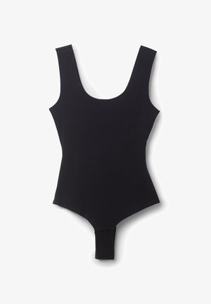 Zwarte bodysuit met brede schouderbanden, ronde halslijn en een drukknoopsluiting onderaan. Glad textuur en getailleerd ontwerp.