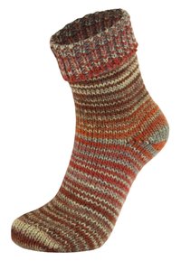 Gestrickte Socke mit einem gerippten Bündchen in verschiedenen Rottönen, Braun und Creme; hat ein gestreiftes Muster und eine abgerundete Zehe. Weiches, strukturiertes Material.